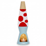 Blue and beige candle-powered lava lamp with red lava, beside its box