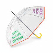 Clear dome umbrella with red trim and Open In Case Of Rain lettering