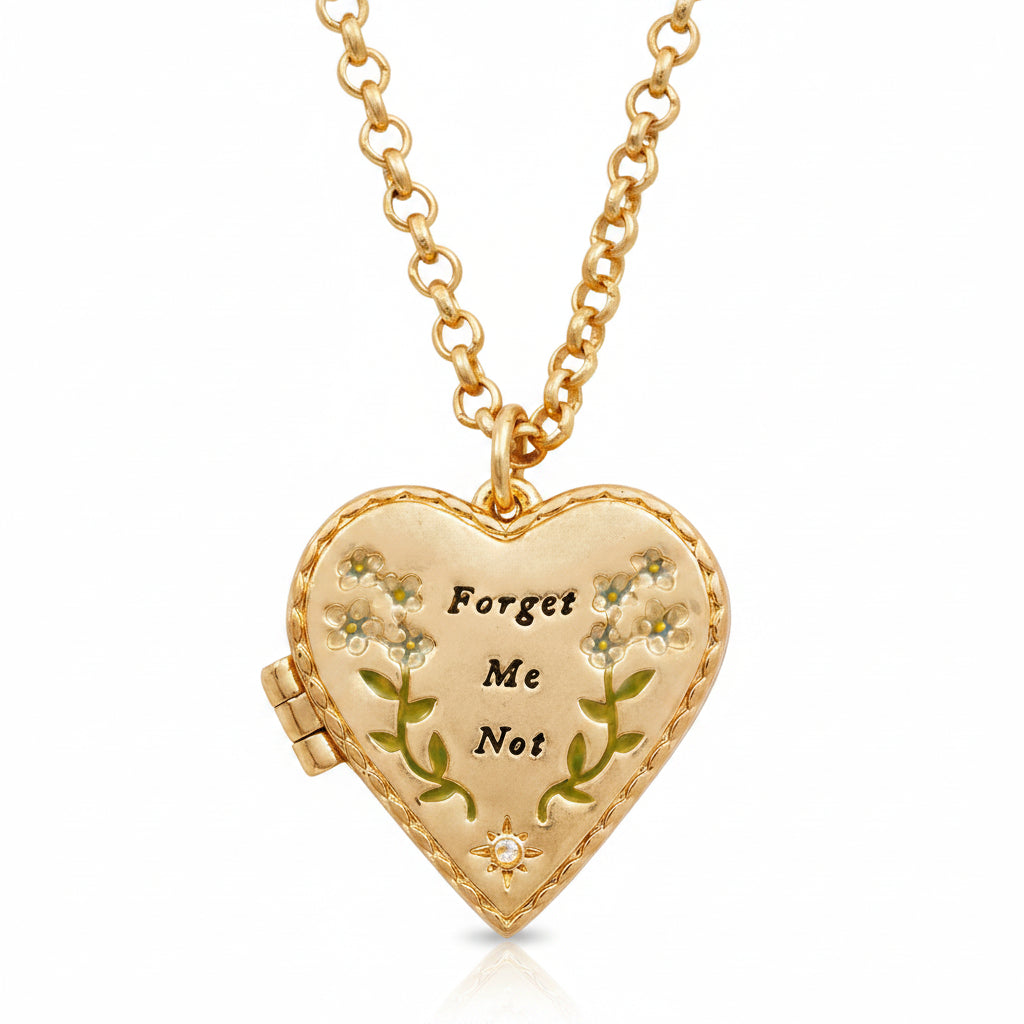 Close-up of floral heart gold locket necklace pendant with “Forget Me Not” detail.