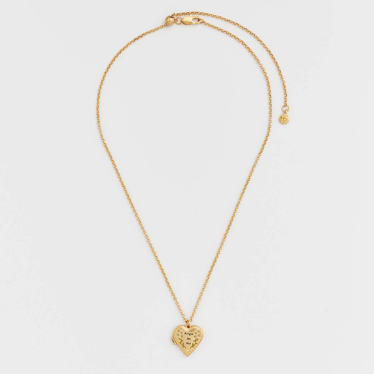 Floral heart gold locket necklace full chain product shot on white background.