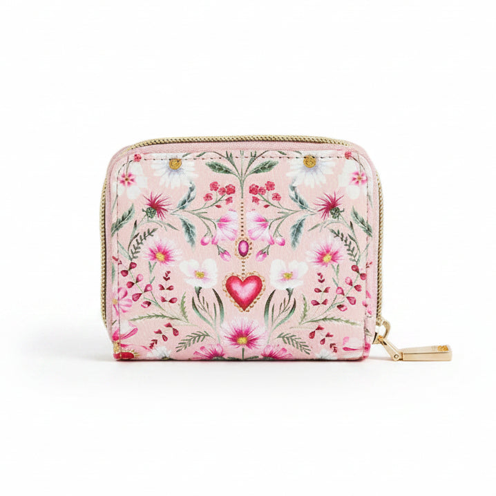 Front view of the floral heart pink purse on a white background.