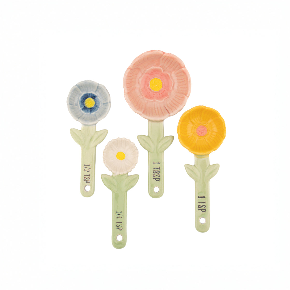 Flower measuring spoons set showing all four blooms in terracotta storage pot