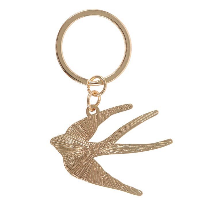 Folk art style blue enamel swallow keyring on gold ring