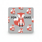 Patterned mat with red foxes and text 'FOR SAKE' on a gray background