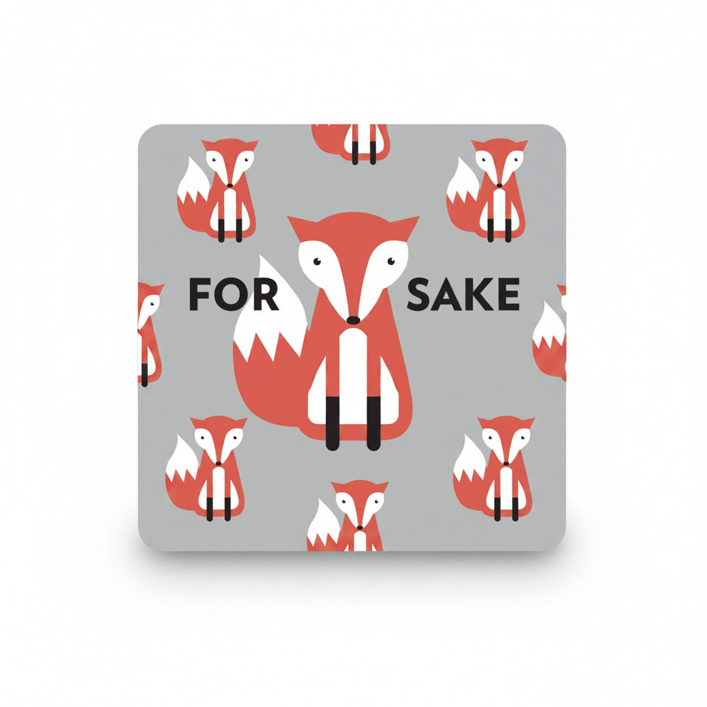 Patterned mat with red foxes and text 'FOR SAKE' on a gray background