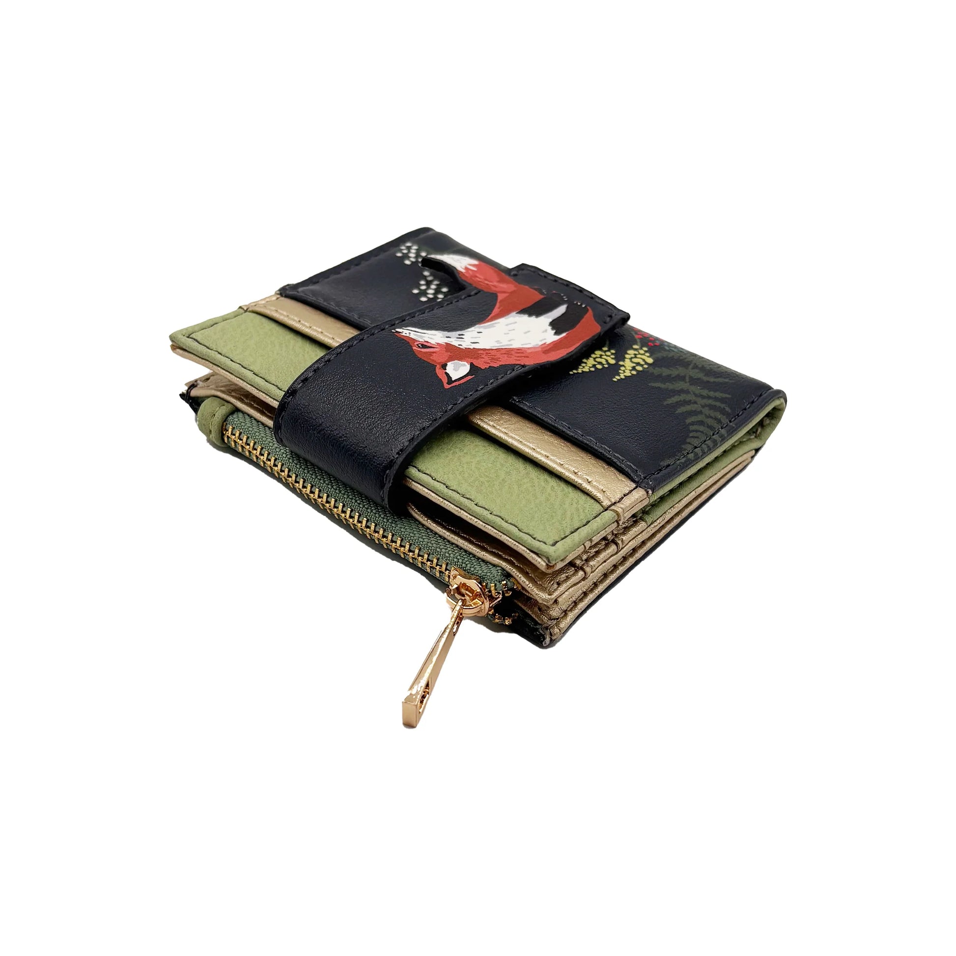 Side view of fox cardholder showing zip coin compartment