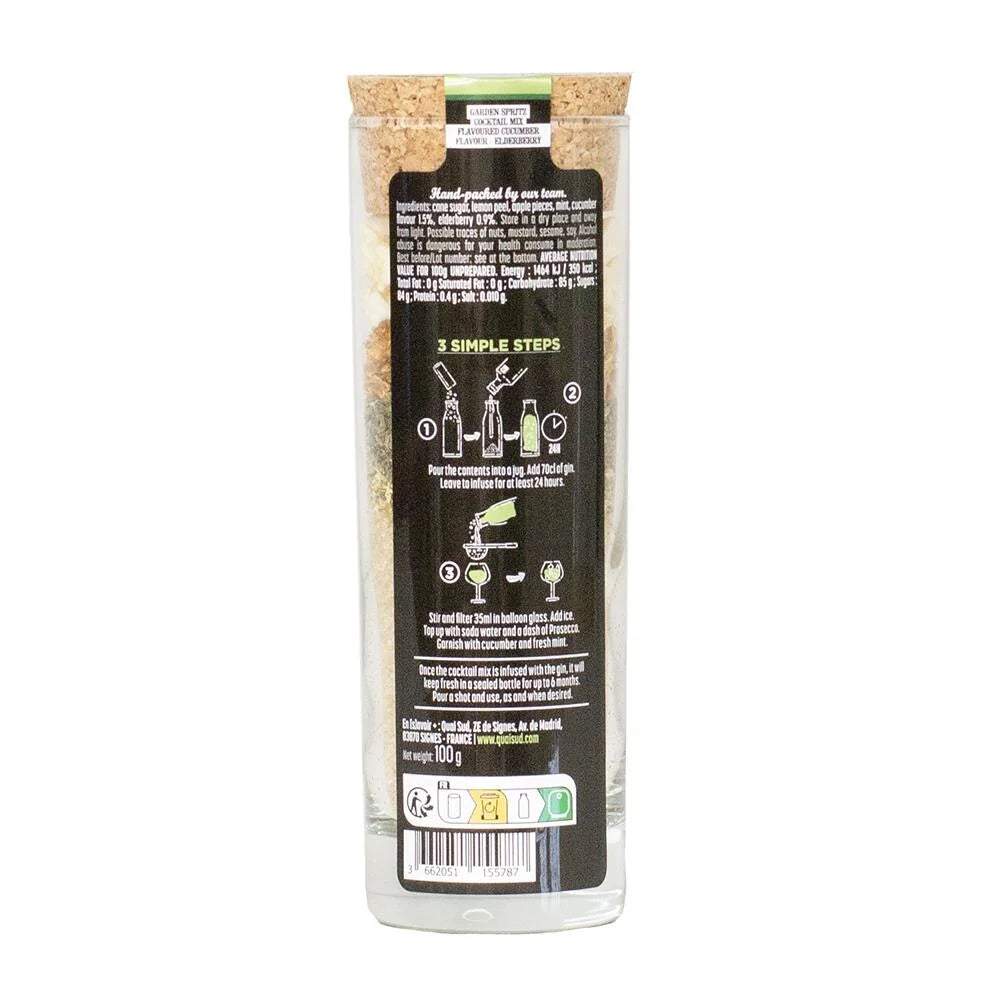 Back of Garden Spritz Cocktail Mix bottle showing ingredients, preparation instructions and infusion details, labelled “Add Gin – Makes up to 20 Cocktails.”
