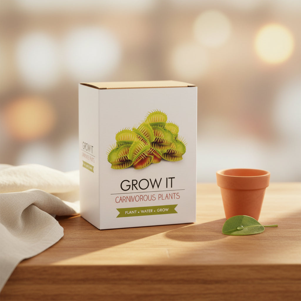 A white product box for a plant starter kit, featuring a green Venus flytrap illustration and the text 'GROW IT CARNIVOROUS PLANTS' on a clean white background.