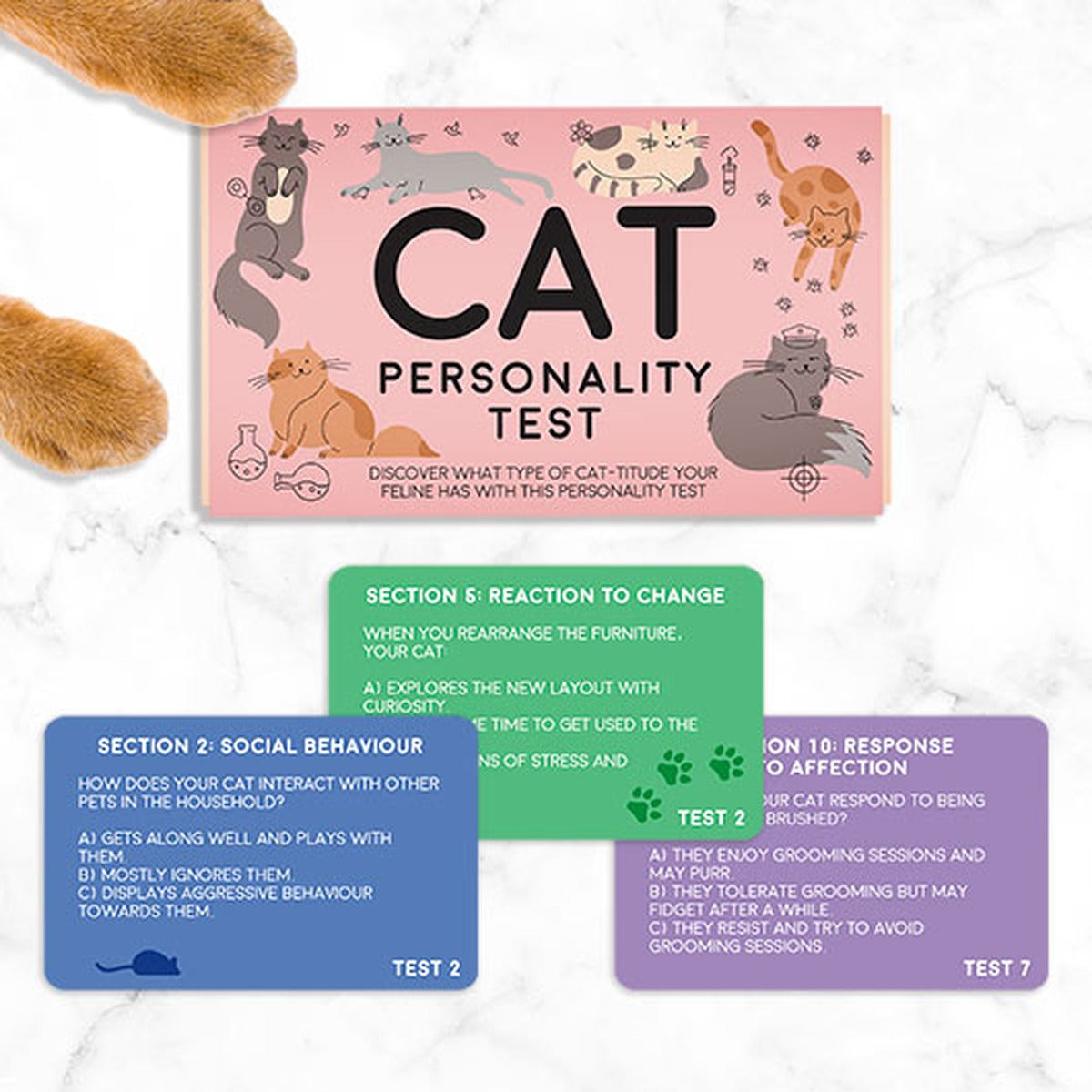 Cat Personality Test cards laid out showing the scoring sections