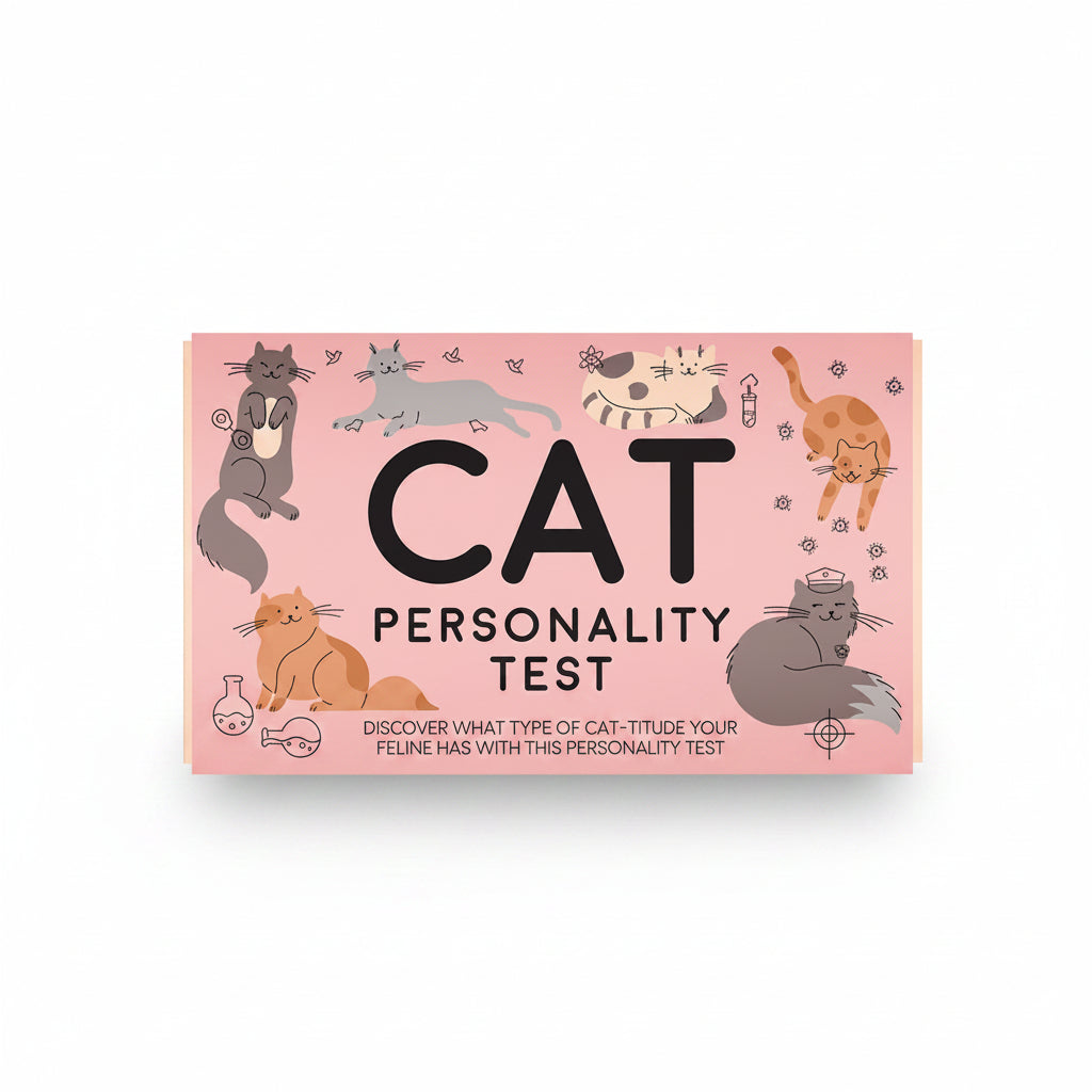 Cat Personality Test card with illustrated cats on a pink background