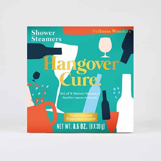 Hangover Cure shower steamers box front with wine glass artwork on a pale grey background