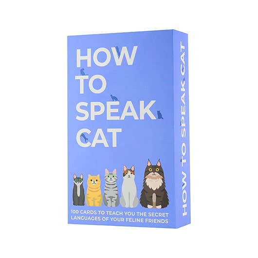 How To Speak Cat box front with illustrated cats on lilac background