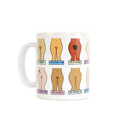 Muff Mug white ceramic mug with illustrated hairstyles on white background