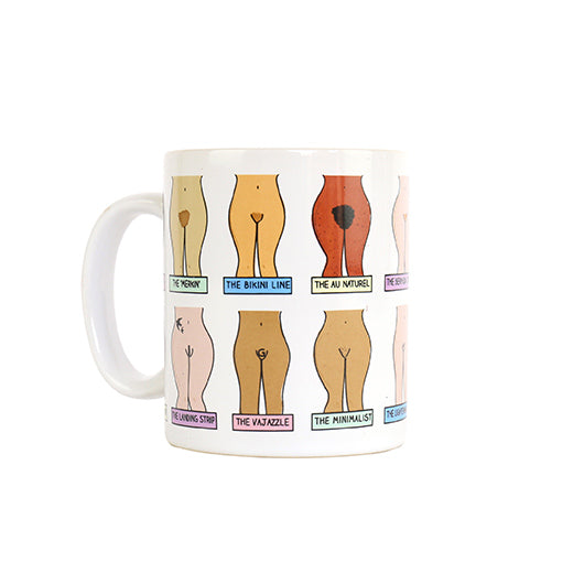 Muff Mug white ceramic mug with illustrated hairstyles on white background