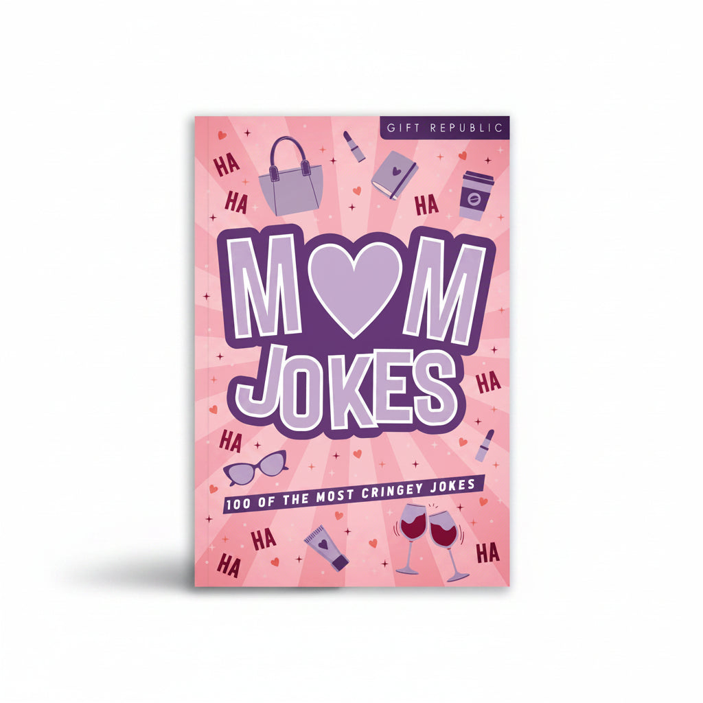 Mum Jokes card pack on a pink flat lay with sunglasses and lipstick