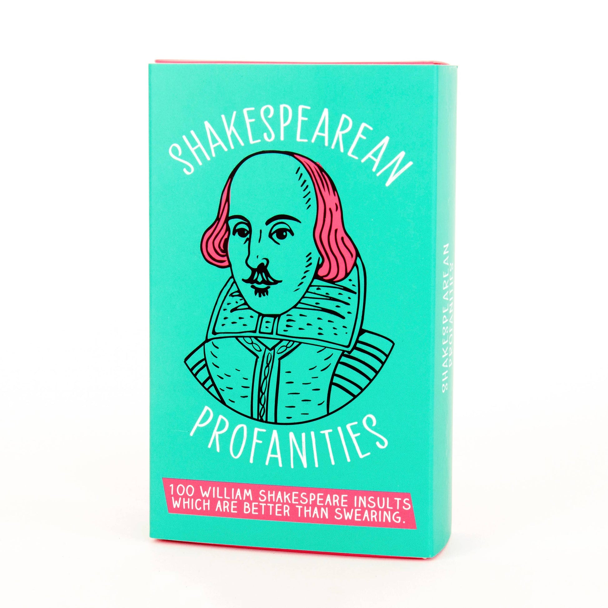Shakespearean Profanities teal box front with Shakespeare illustration