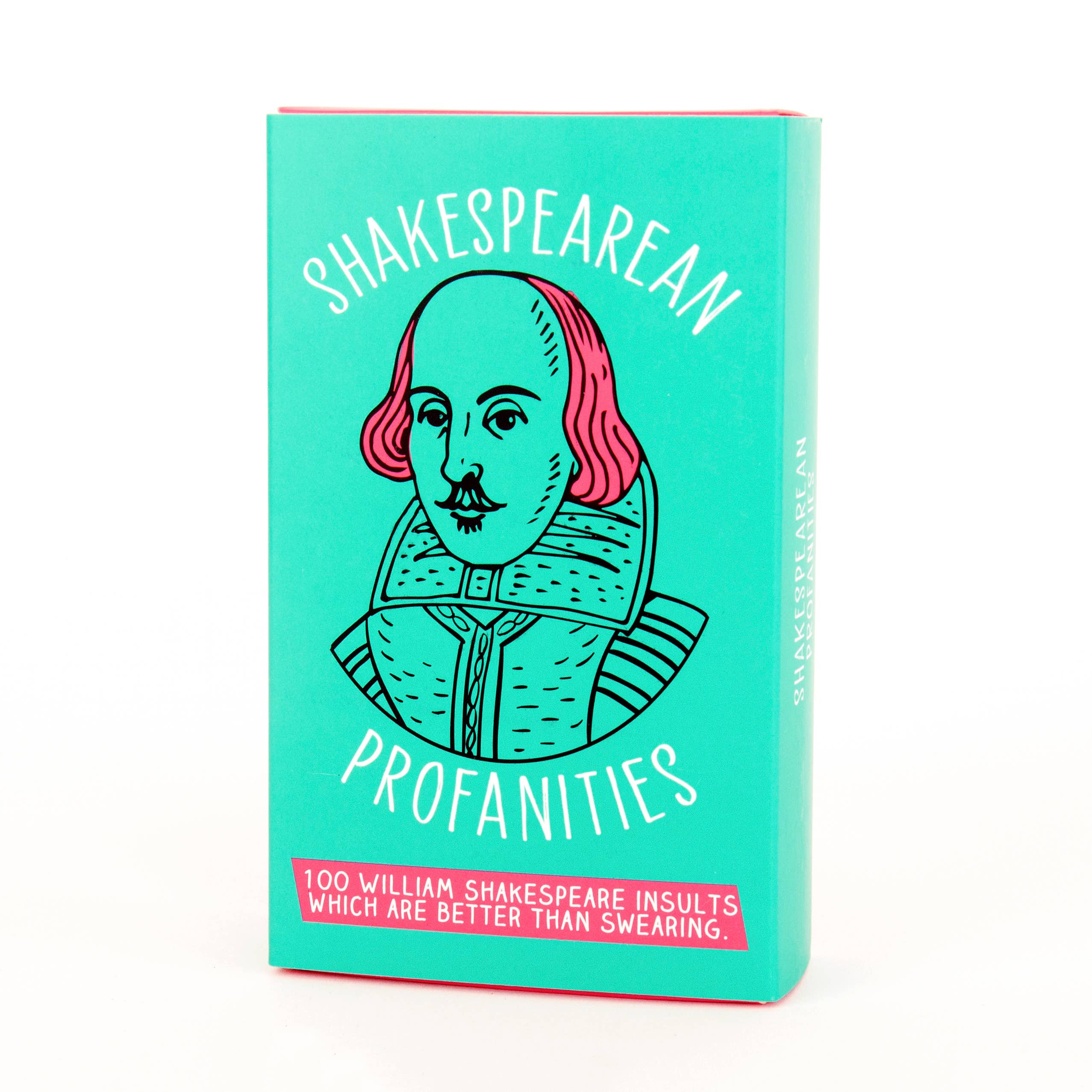 Shakespearean Profanities teal box front with Shakespeare illustration