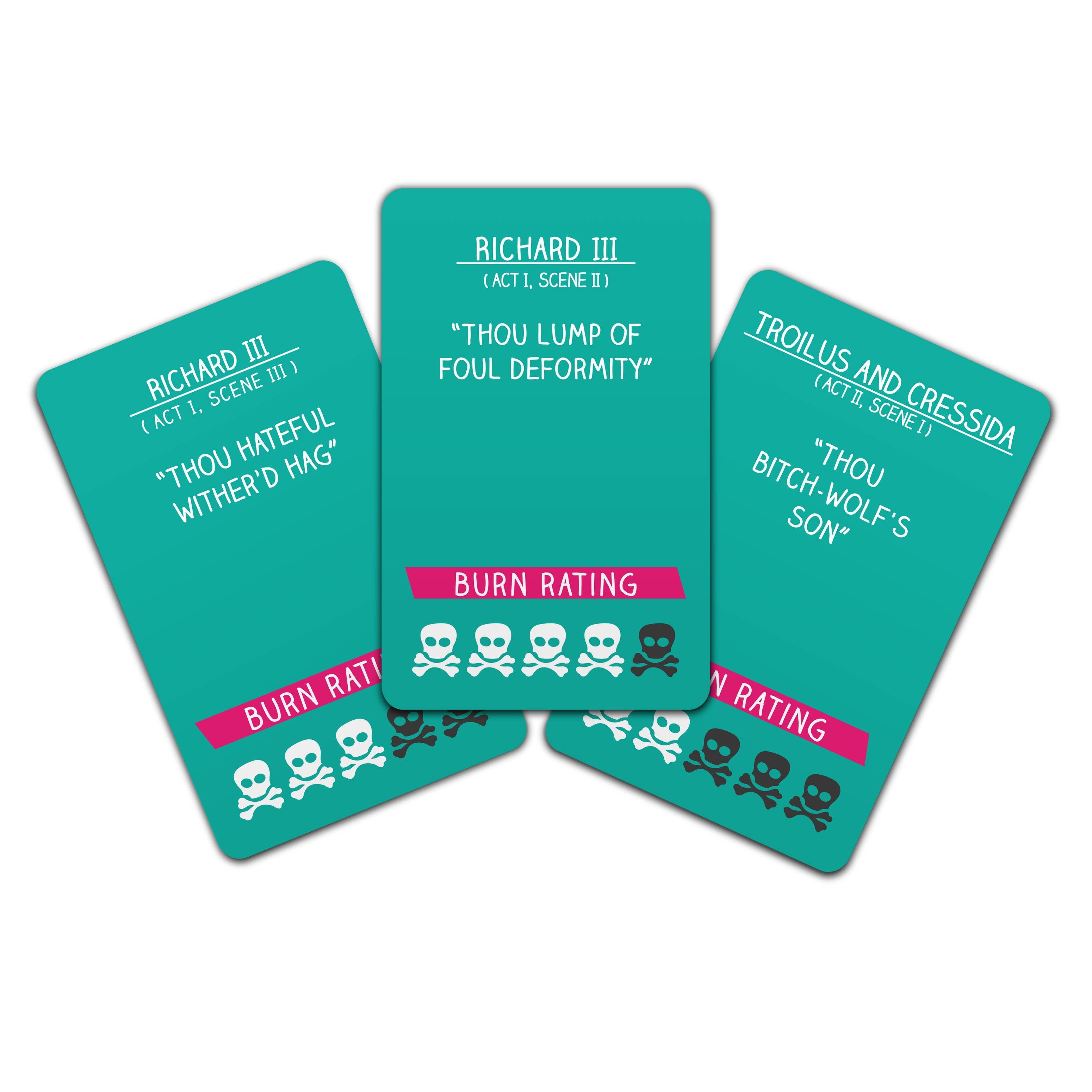 Shakespearean Profanities cards fanned showing insults and burn ratings