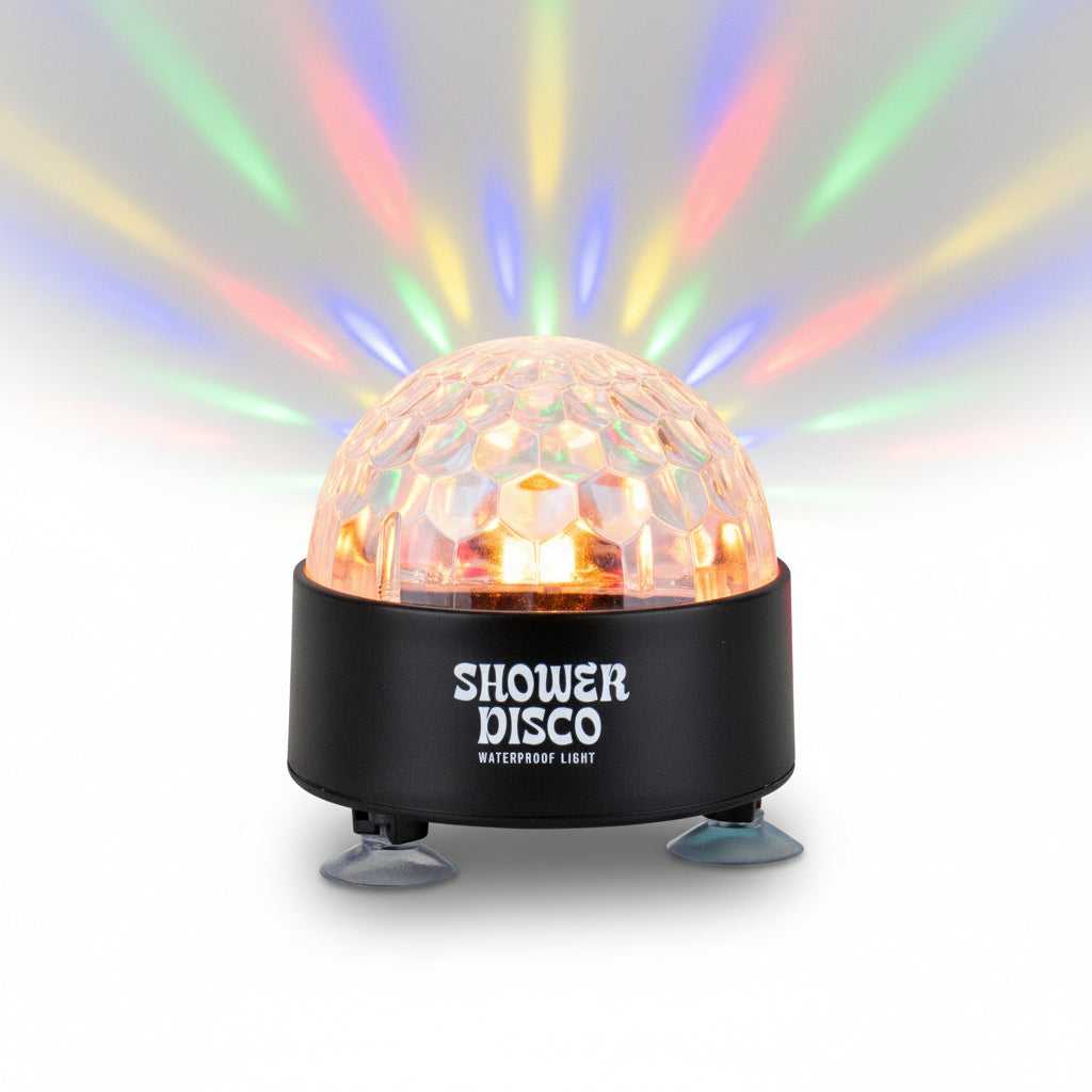 Shower Disco light with clear faceted dome and suction cup feet on white background
