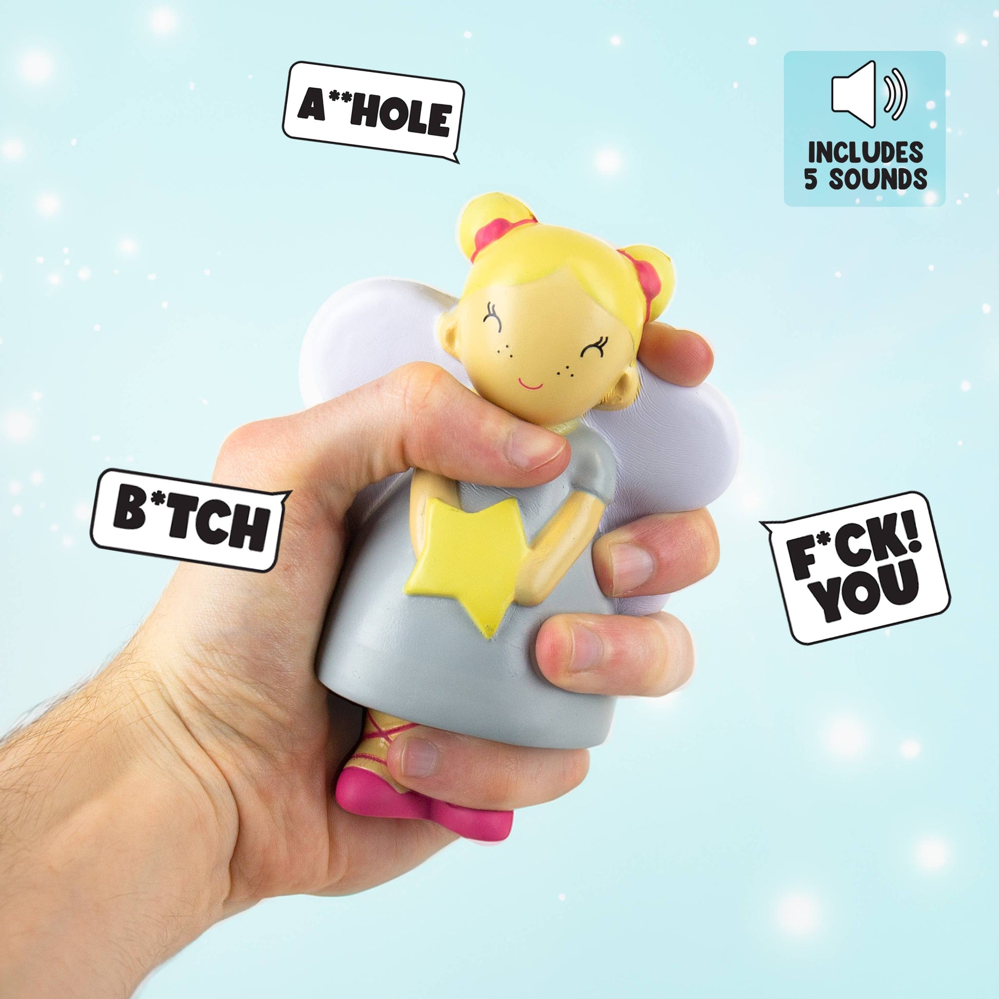 Sweary Fairy stress reliever squeezed in a hand against a pale blue sparkly background