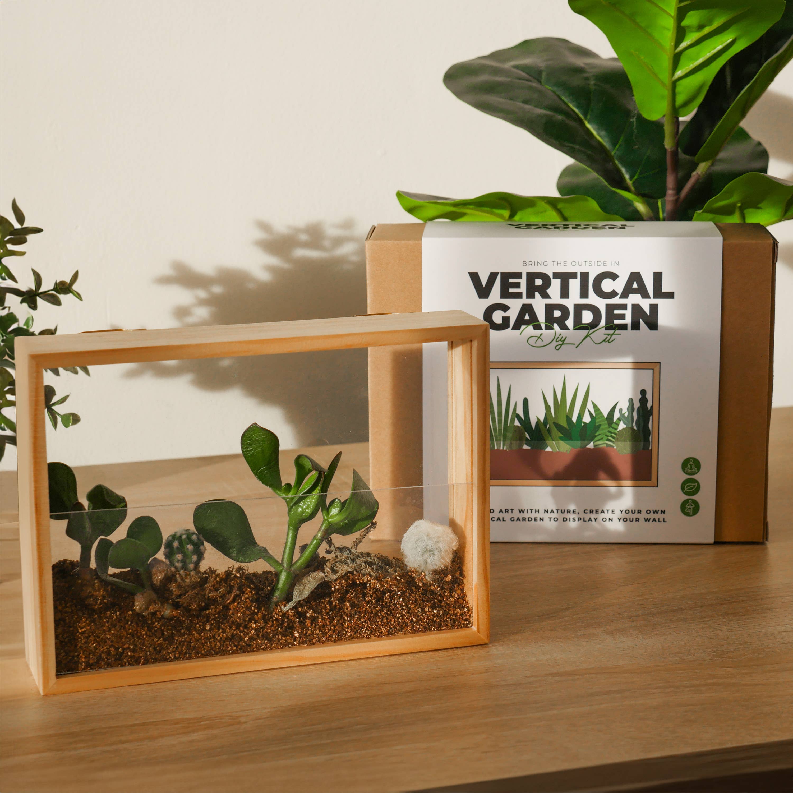 Vertical Garden planter and kit box styled on a wooden sideboard