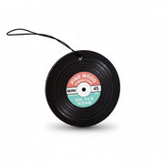 Black vinyl record car air freshener with retro Pine Wood label on white