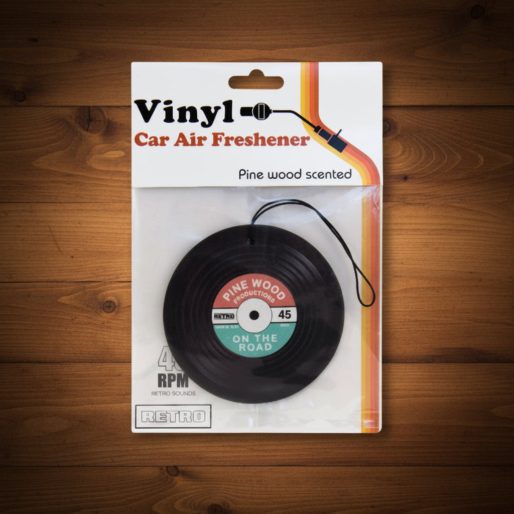 Vinyl Car Air Freshener in retro striped packaging marked pine wood scented