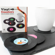 Gift Republic Vinyl Coasters box with record coasters and mug on slate