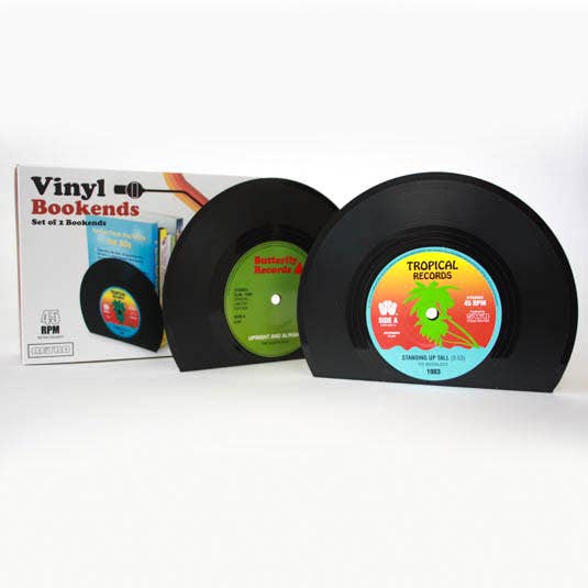 Vinyl bookends set of two beside retro packaging box on white