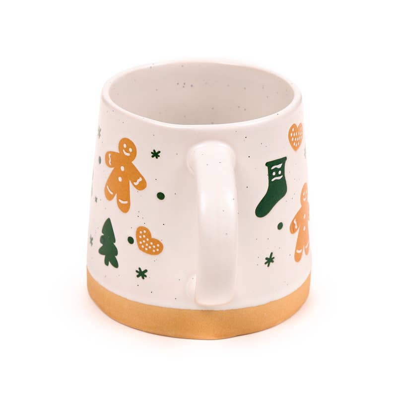 Rear angle of Gingerbread Man Tapered Stoneware Mug with Christmas stocking design.