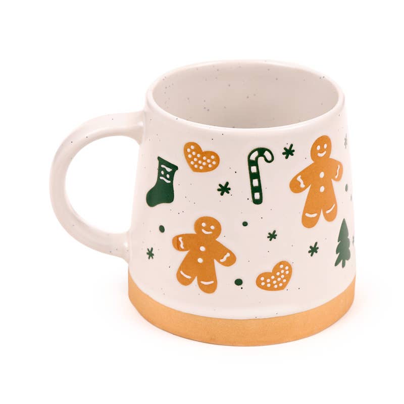Side view of Gingerbread Man Stoneware Mug showing handle and gingerbread pattern.