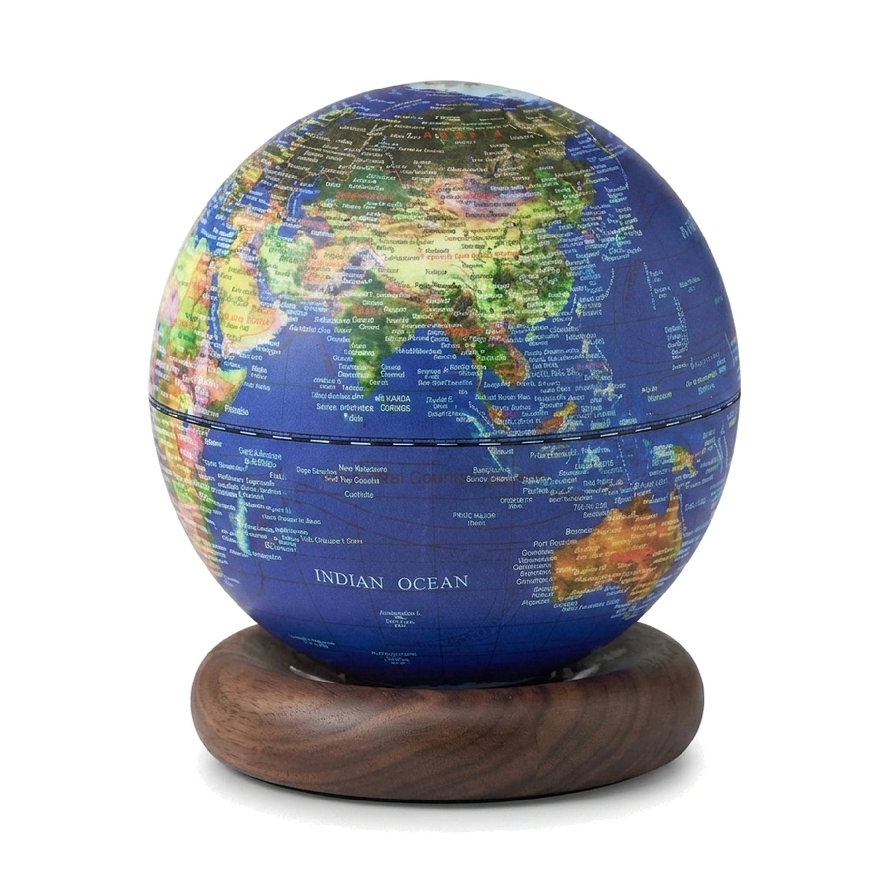 Dark ocean blue Gingko AtlasGlobe light on walnut base, pure white background