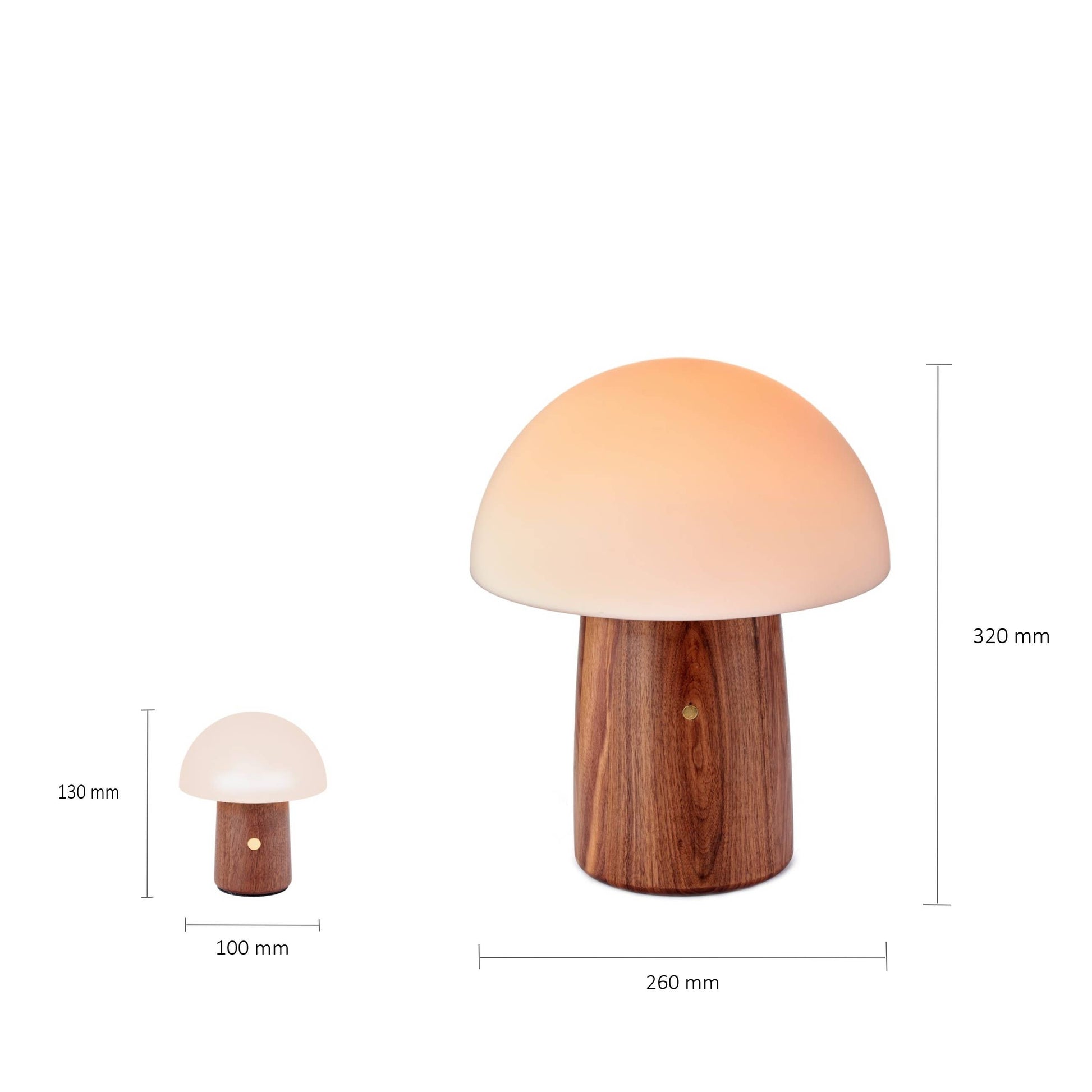 Alice Mushroom Lamp size guide comparing mini and large walnut lamps