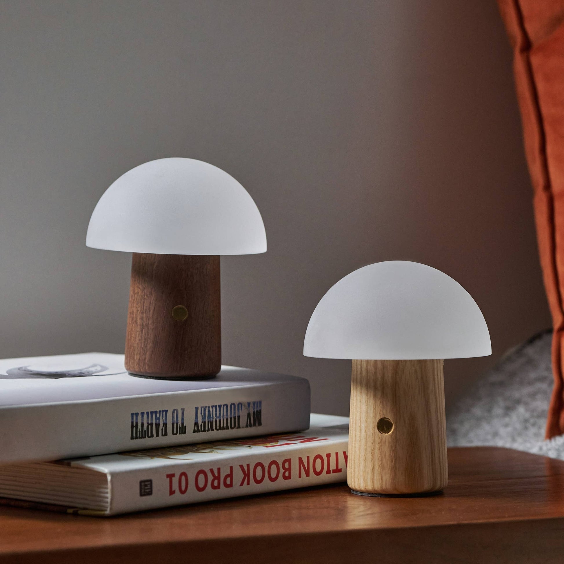 Two Alice mushroom lamps unlit showing frosted shades and wooden stems