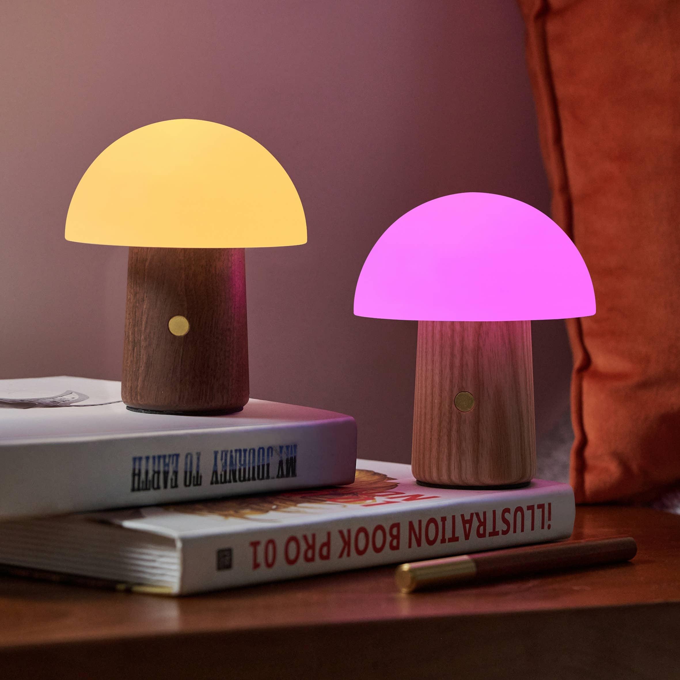 Gingko Alice mushroom lamps in walnut and ash glowing on stacked books