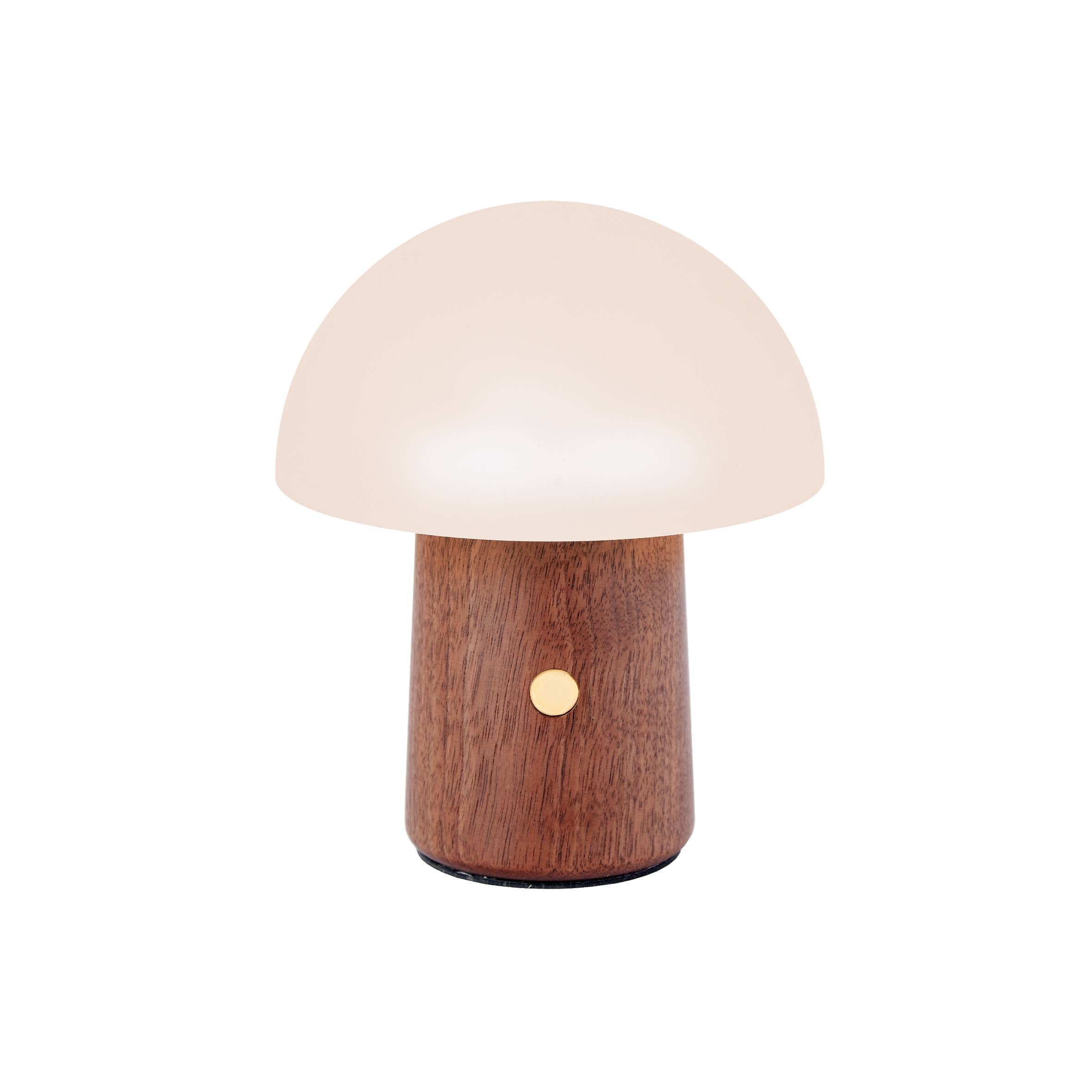 Mini Alice Mushroom Lamp walnut with frosted shade on white background