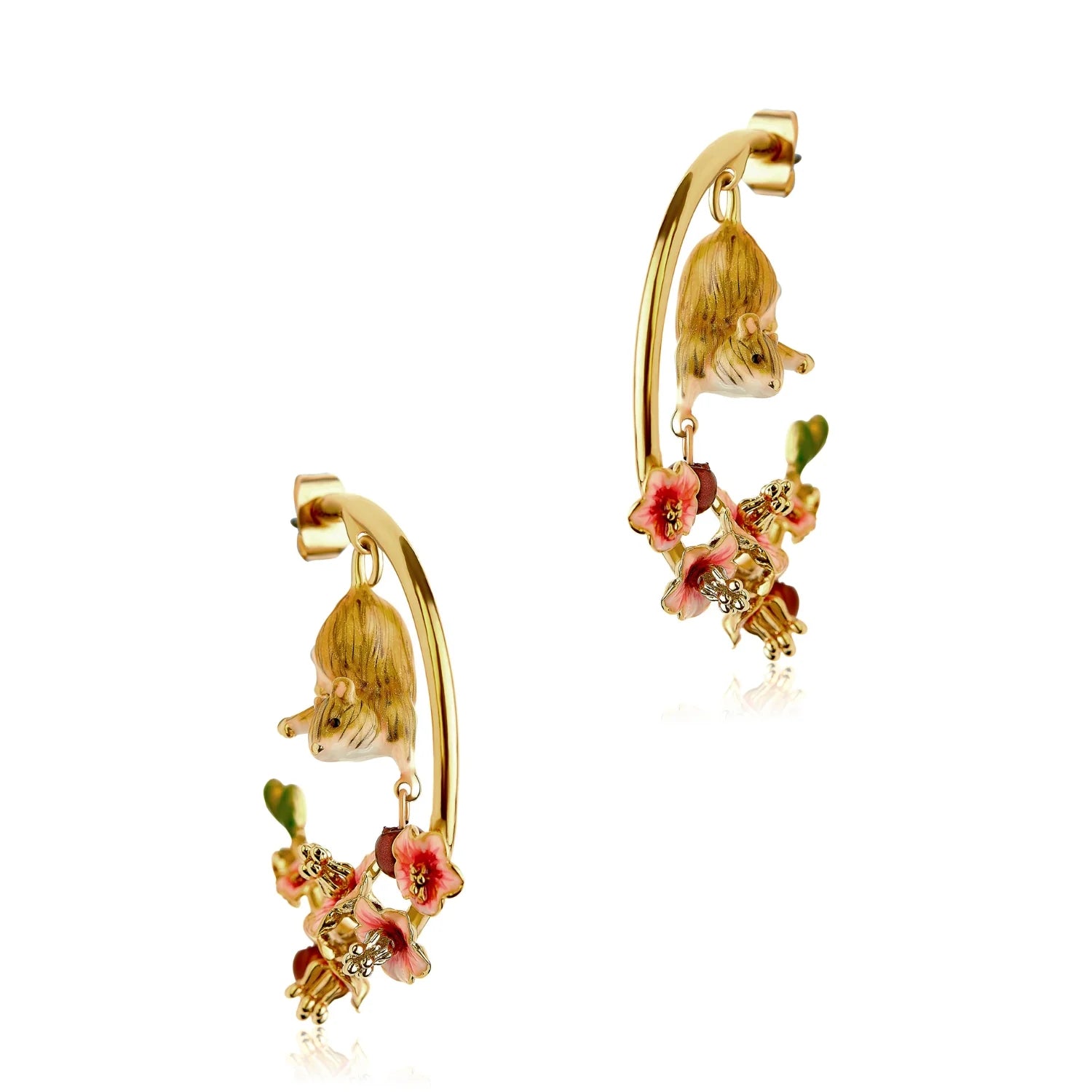 Close-up of Bill Skinner Conker Mouse Hoop Earrings featuring blossoms and conkers.