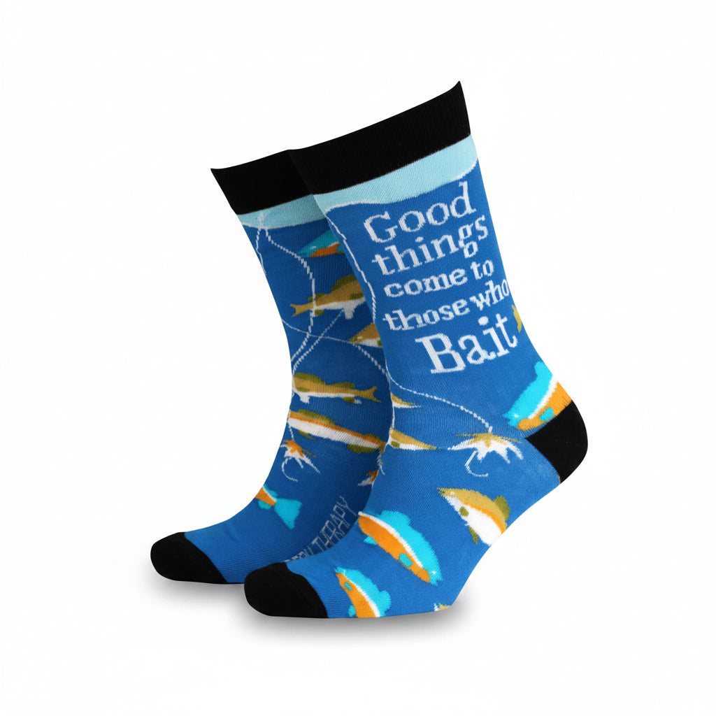 Blue socks with fish pattern and text 'Good things come to those who Bait' on a white background