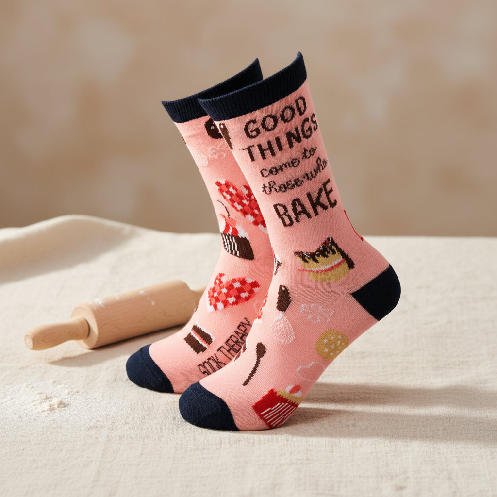 Pink socks with baking-themed designs and text on a white background