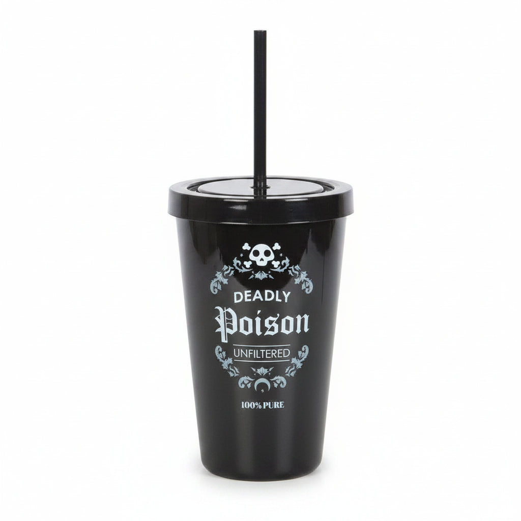 Black plastic tumbler with white Deadly Poison text and straw