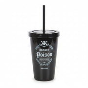 Black plastic tumbler with white Deadly Poison text and straw