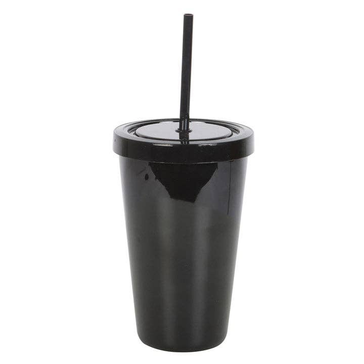 Black gothic tumbler from side angle showing full design