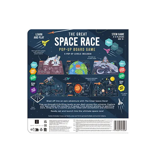 Back of space race pop-up board game box showing levels and features