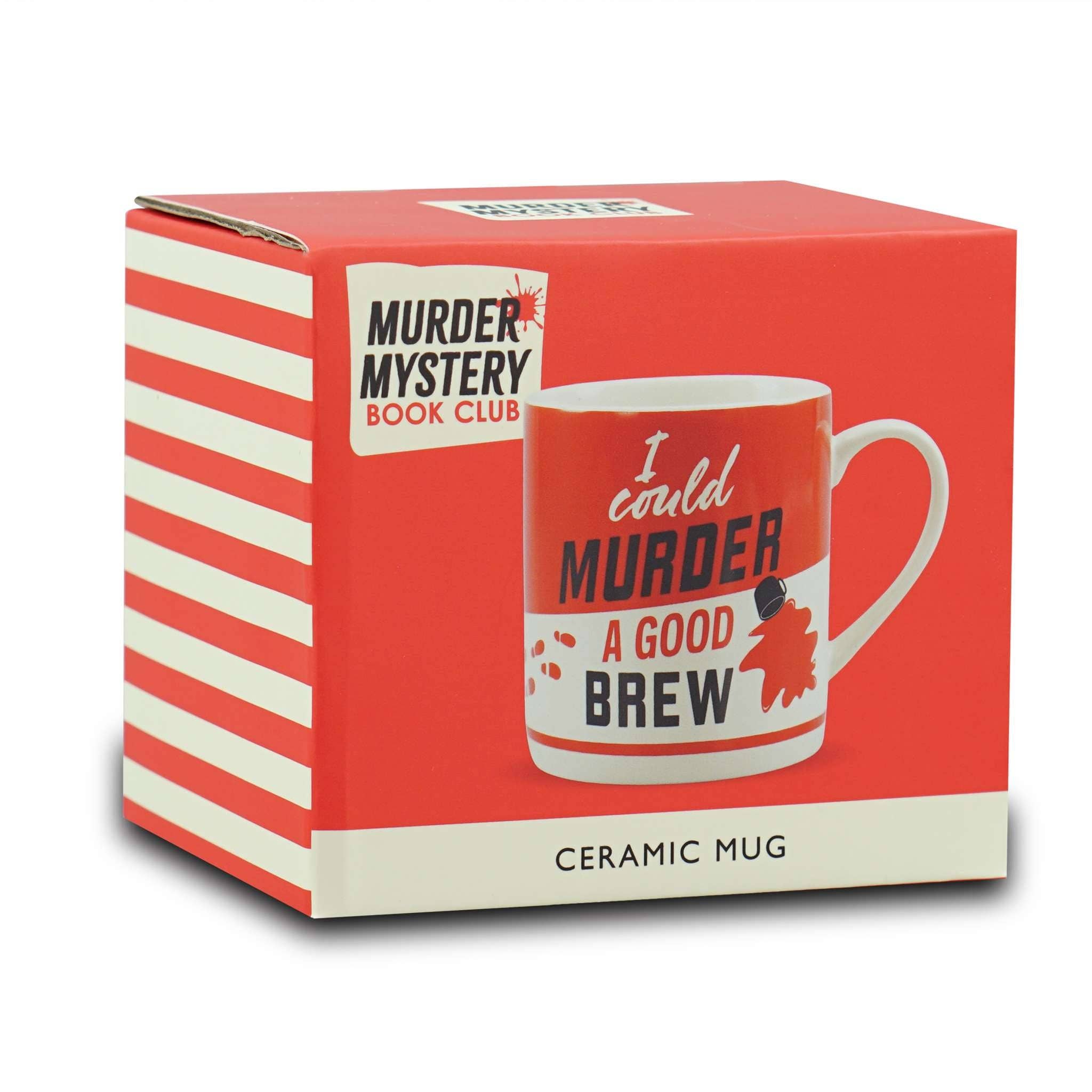 Red striped gift box showing a mug reading I Could Murder A Good Brew