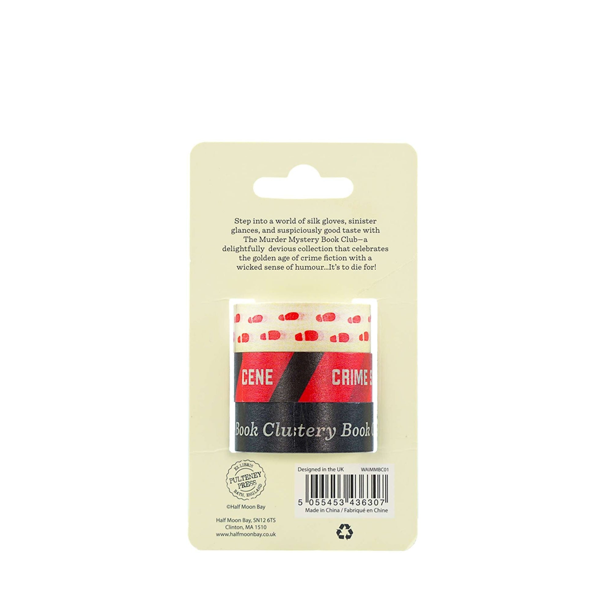 Back of the washi tape pack showing all three crime scene designs