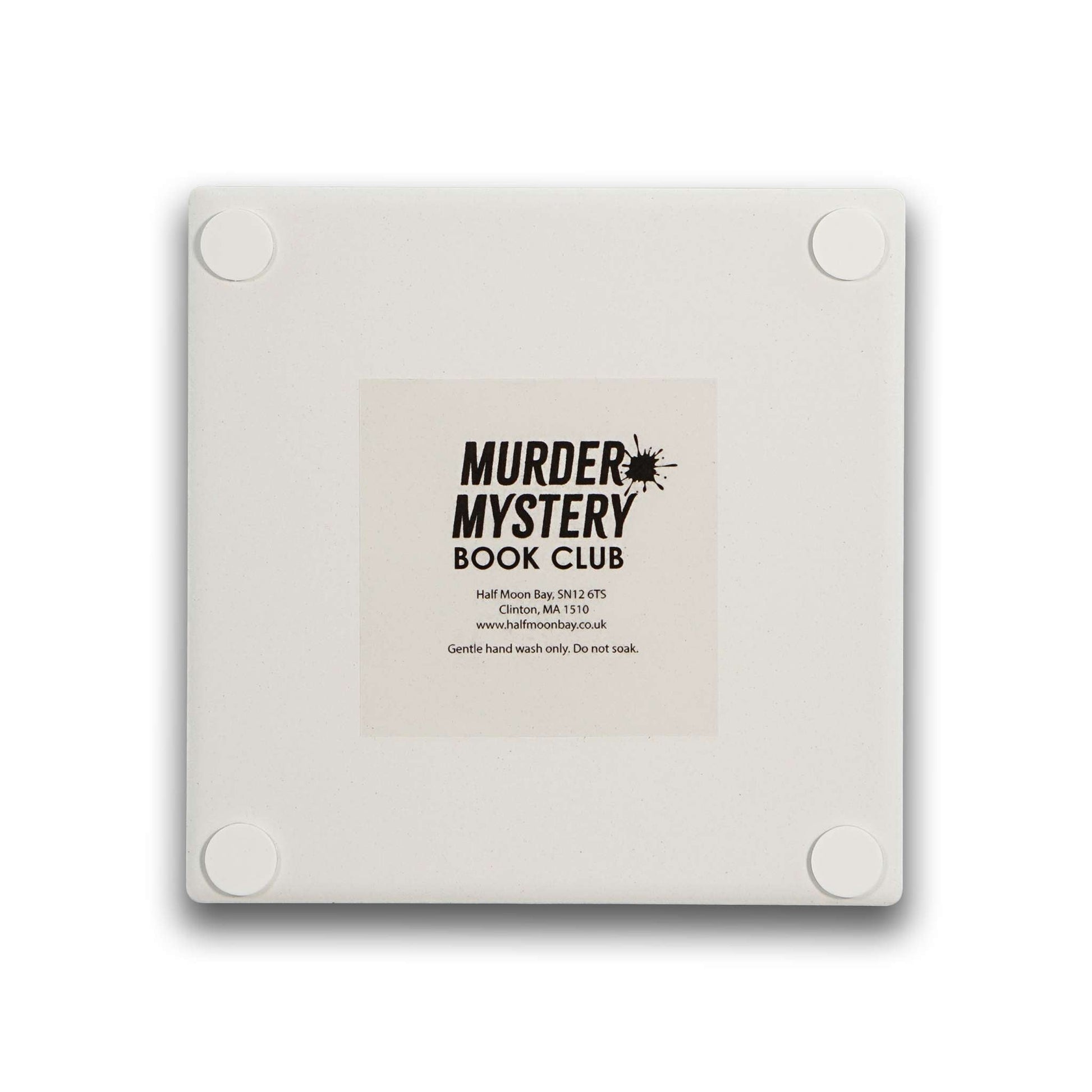 Back of the Solving Crimes coaster showing the feet and label