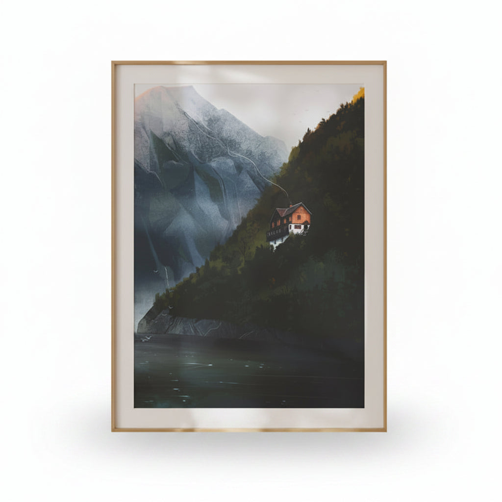 Framed mountain landscape with a house on a hillside over a lake.
