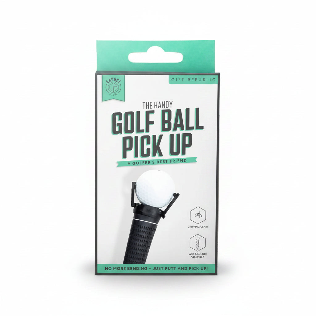 Handy golf ball pick up tool in retail packaging on green.