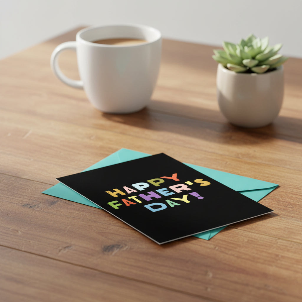 Greeting card with 'Happy Father's Day!' in colorful letters on a black background