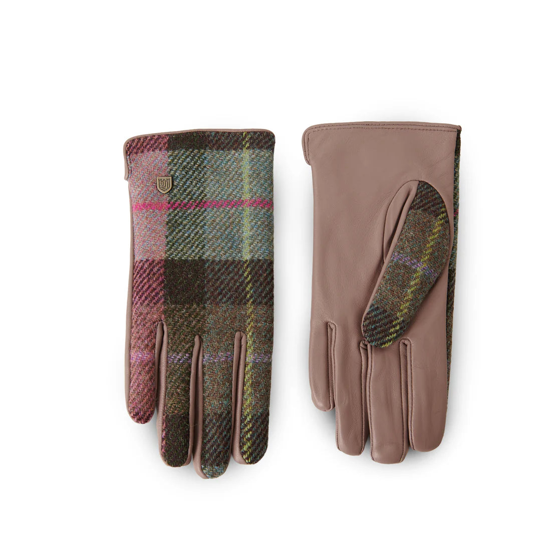 Harris Tweed ladies gloves in pink and green tartan with smooth leather palm and touchscreen fingertips.